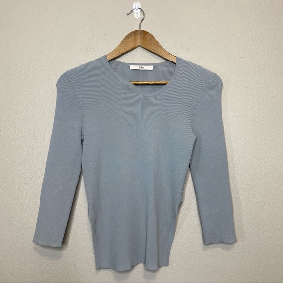 Tibi knotched neck open back 3/4 sleeve length ribbed knit top in grey small - Picture 2 of 5